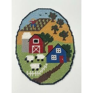 Vintage Needlepoint 8" Farm Scene Wall Hanging Barn Sheep Cottagecore